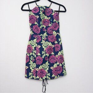 NWT NBD Embroidered Floral Mini Dress S Navy Blue Pink Green Lace Up Bodycon